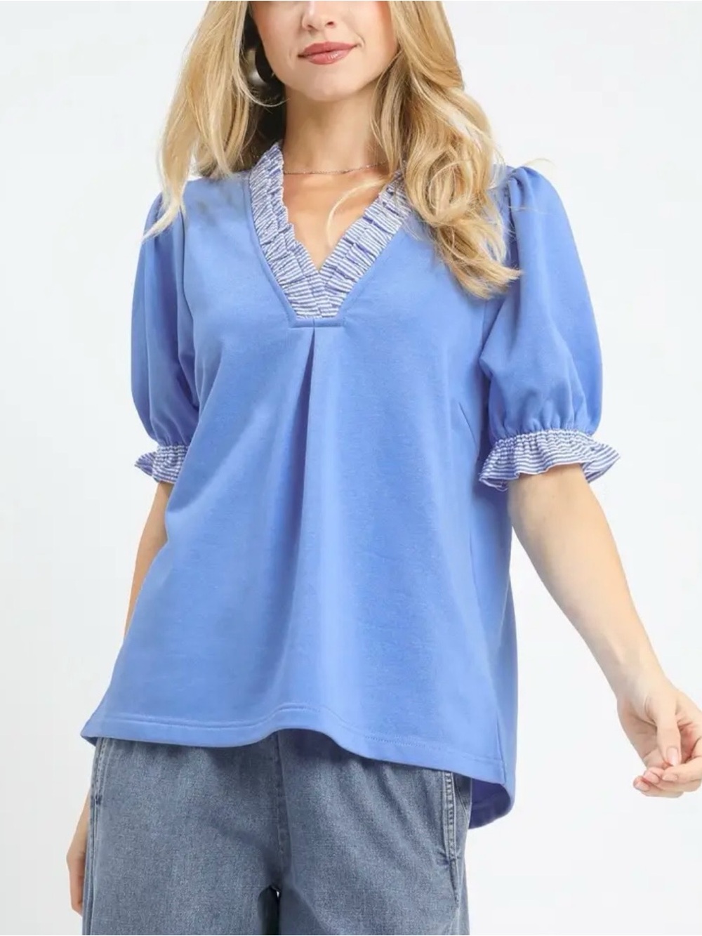 Umgee Periwinkle V-Neck Puff Sleeve Top with Ruffle Trim